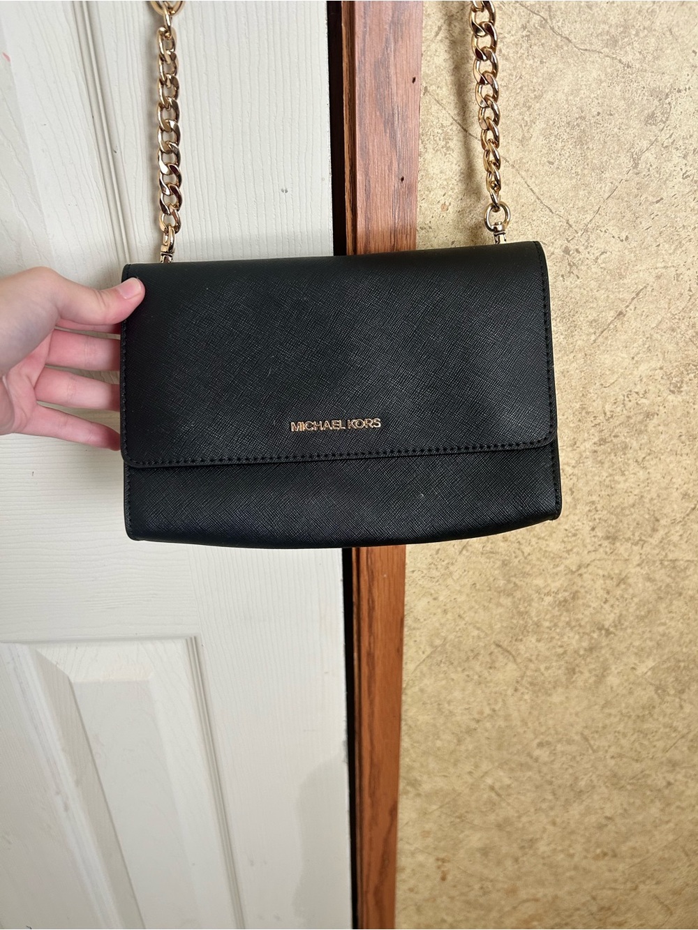 Michael Kors Black Leather Crossbody with Gold Chain
